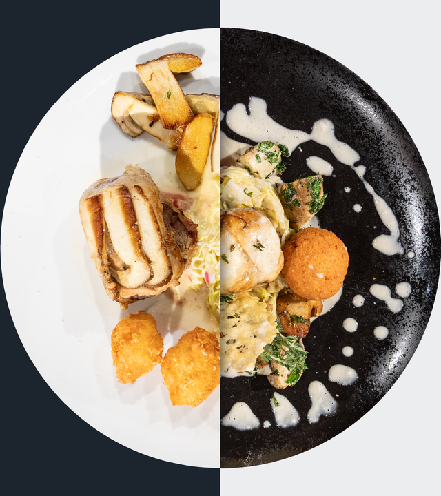 Crépinette vom Hirschrücken mit sautierten Steinpilzen, rahmigem Spitzkohl und Parmesan-Krapfen