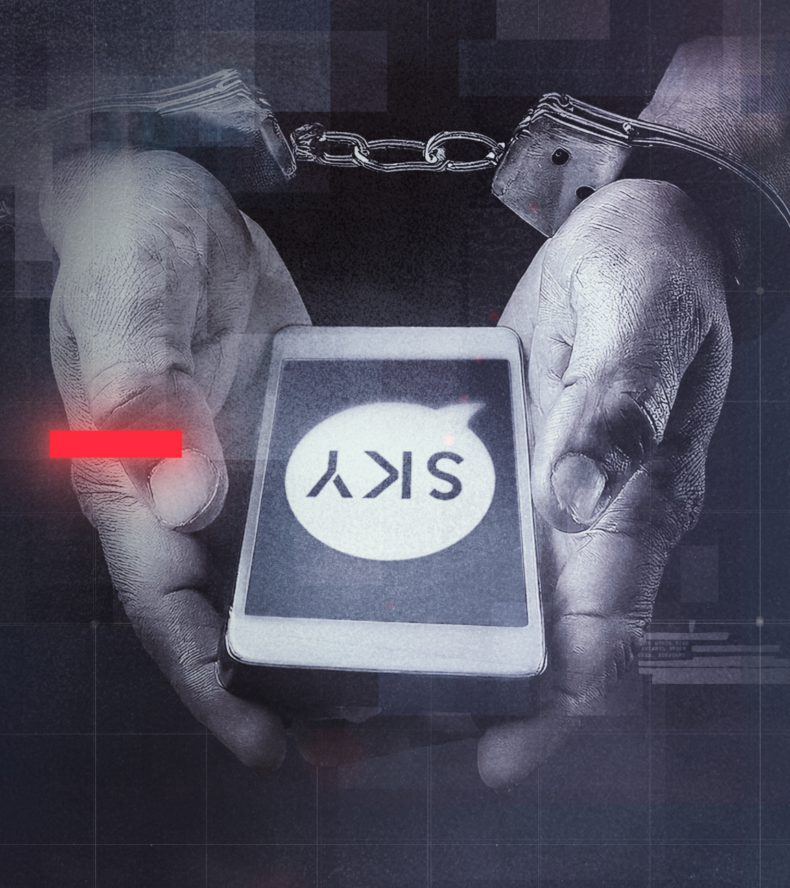 Hände auf dem Rücken in Handschellen, die ein Smartphone halten