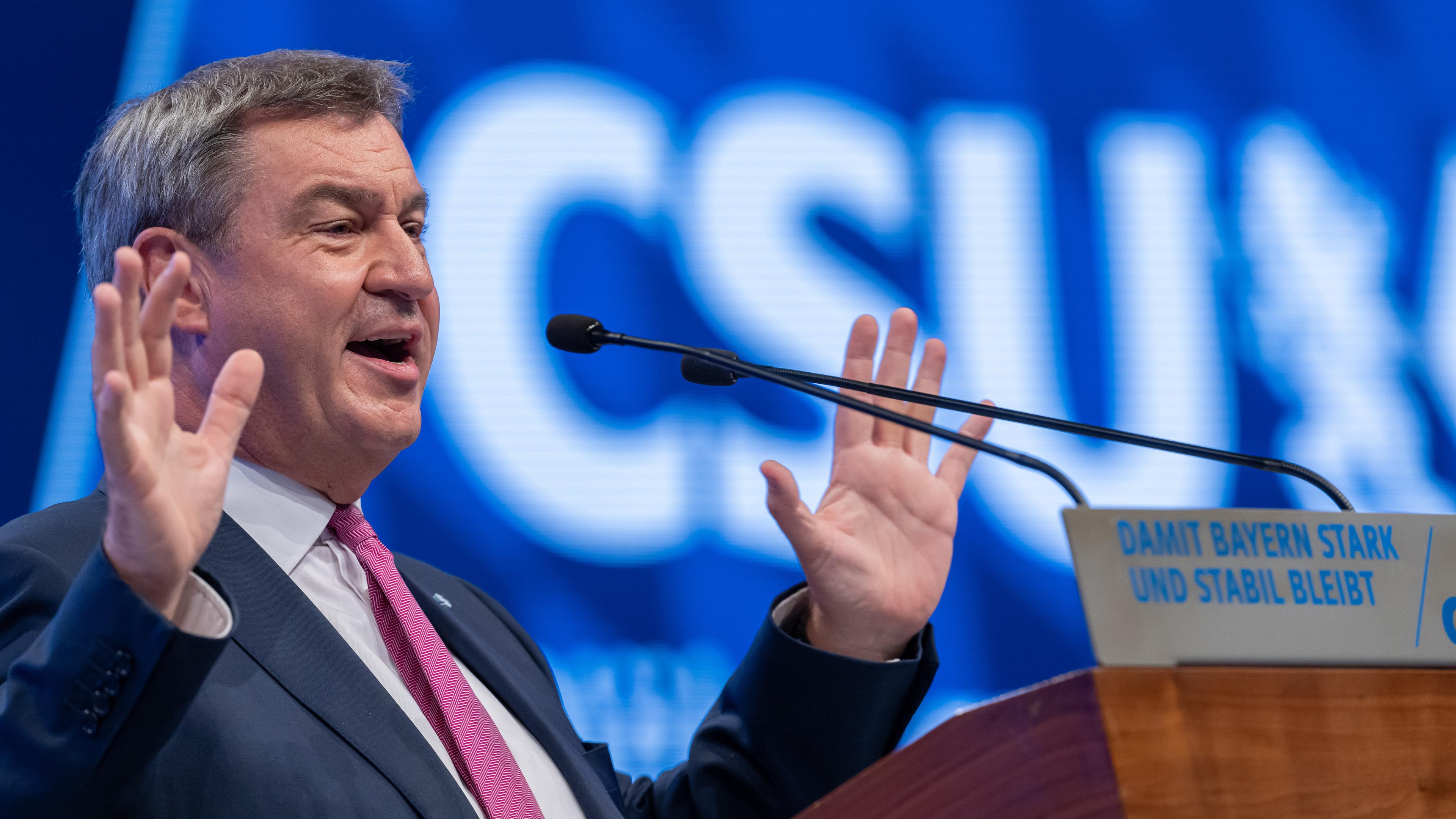 23.09.2023, Bayern, München: Markus Söder, CSU-Parteivorsitzender, spricht auf dem Parteitag der CSU mit anschließender Wahl des Parteivorstands. 