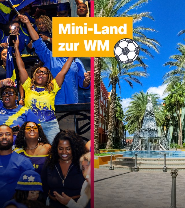 Jubelnde Menschen und Palmen