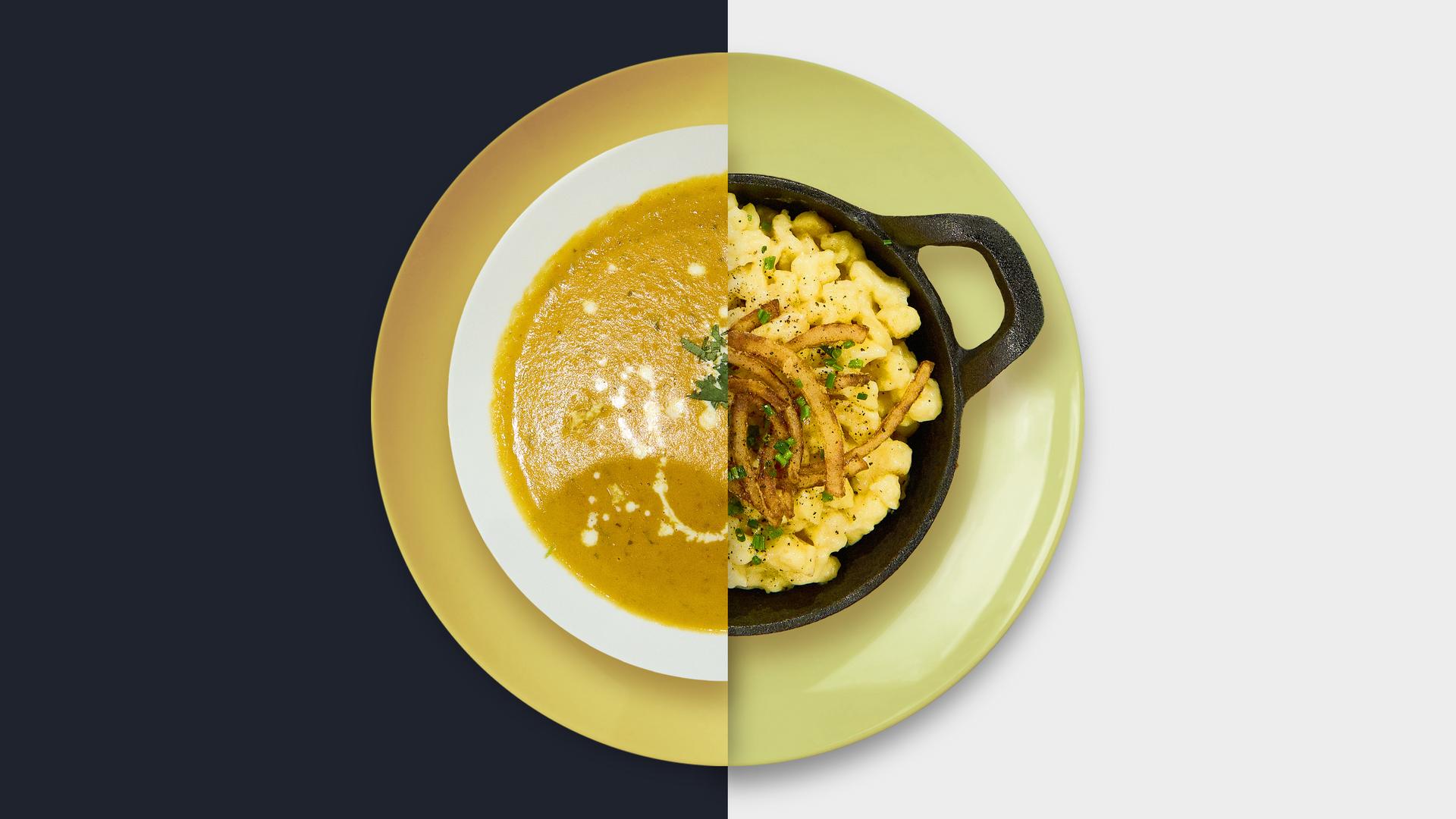Curry-Kokos-Suppe vs. Käsespätzle