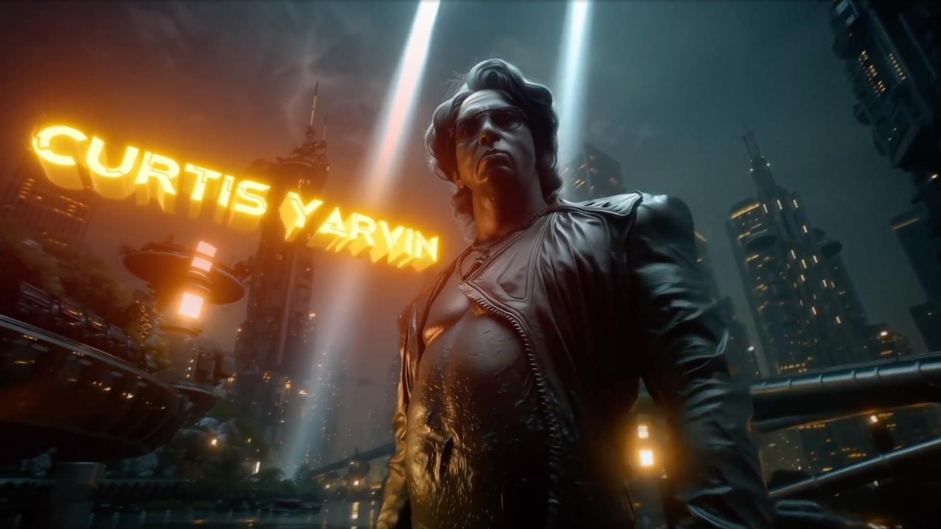 In dem computer generierten Bild ist die Bronzestatue eines stolz da stehenden Mannes zu sehen, vor einer futuristischen dunklen Stadt und dem Leuchtschriftzug Curtis Yarvin.