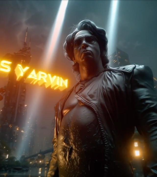 In dem computer generierten Bild ist die Bronzestatue eines stolz da stehenden Mannes zu sehen, vor einer futuristischen dunklen Stadt und dem Leuchtschriftzug Curtis Yarvin.