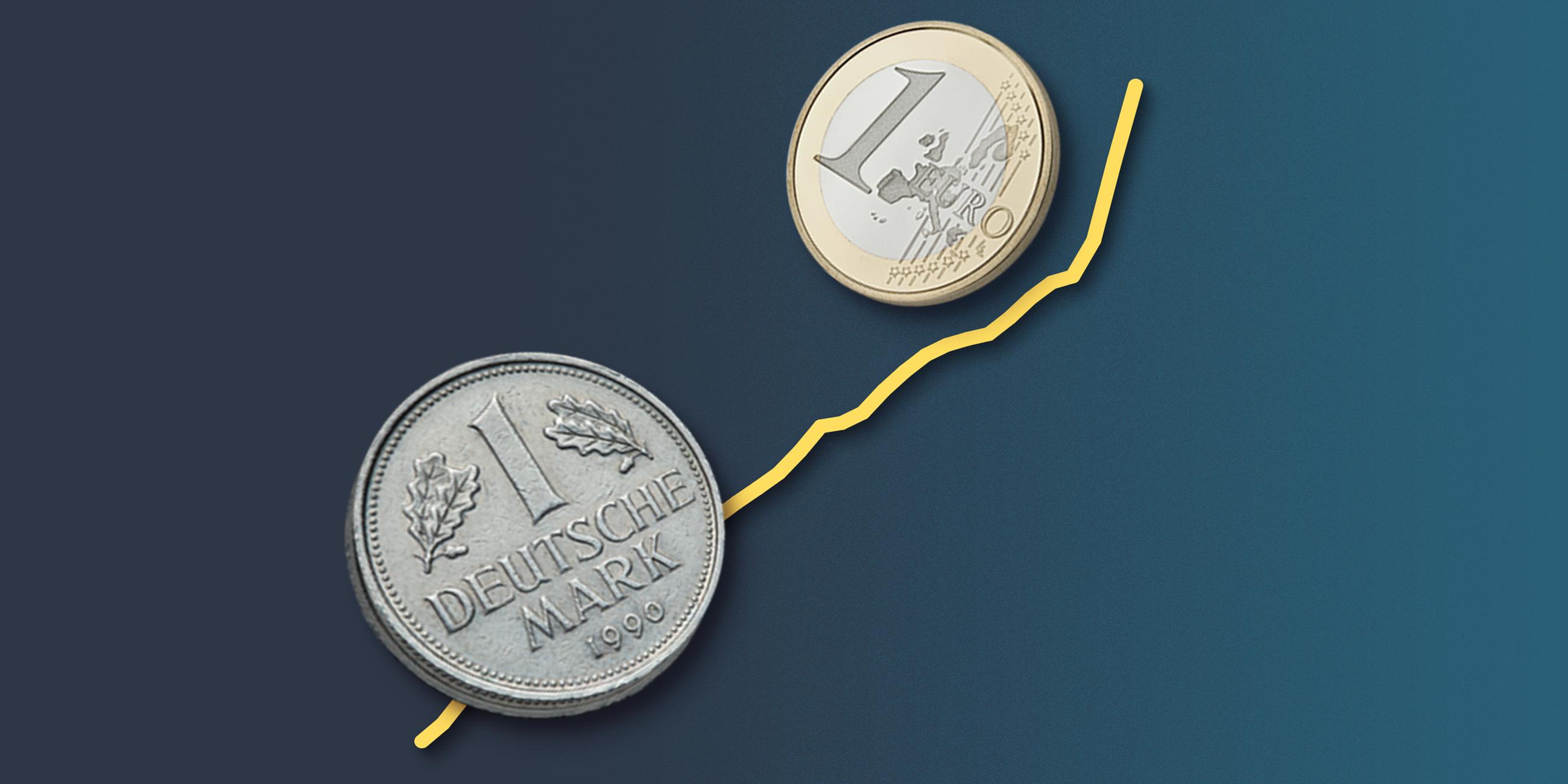 Das Bild zeigt die Münzen einer D-Mark und eines Euros sowie eine Inflationskurve