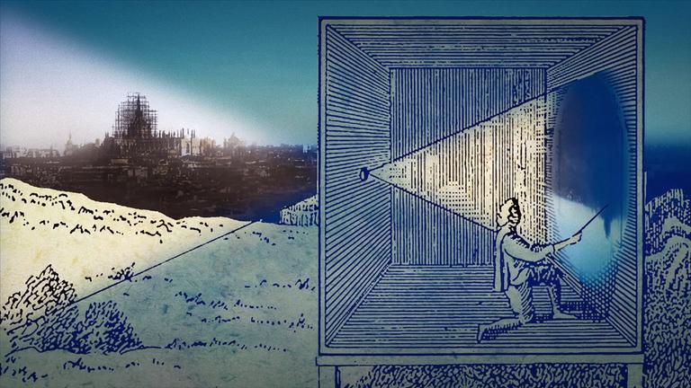 Skizze einer "camera obscura" und ihrer Funktion.