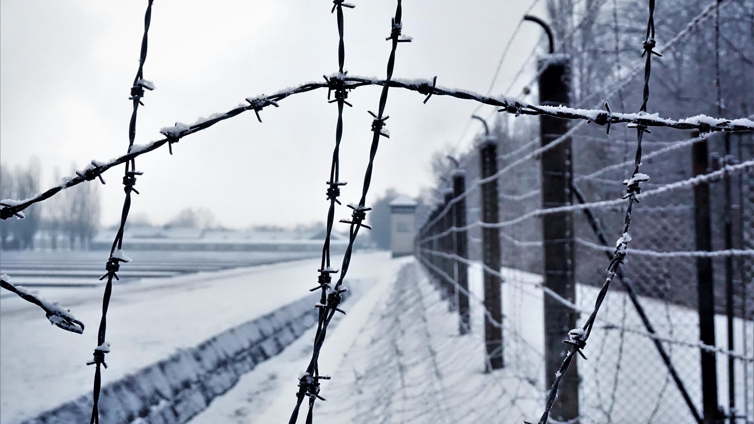 "24 Stunden Dachau": Dachau: Nahaufnahme des Stacheldrahtzauns im Schnee. Im  Hintergrund ist ein Wachturm zu erkennen.