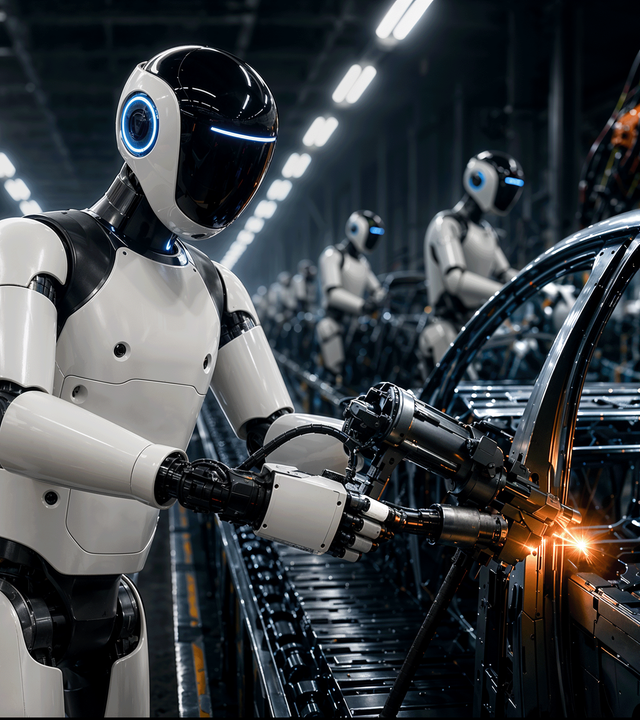 Ein humanoider Roboter arbeitet in einer dunklen, futuristischen Autofabrik mit einem Werkzeug an einer schwarzen Fahrzeugkarosserie. Im Hintergrund sind weitere Roboter und ein orangefarbener Industrieroboter zu sehen.