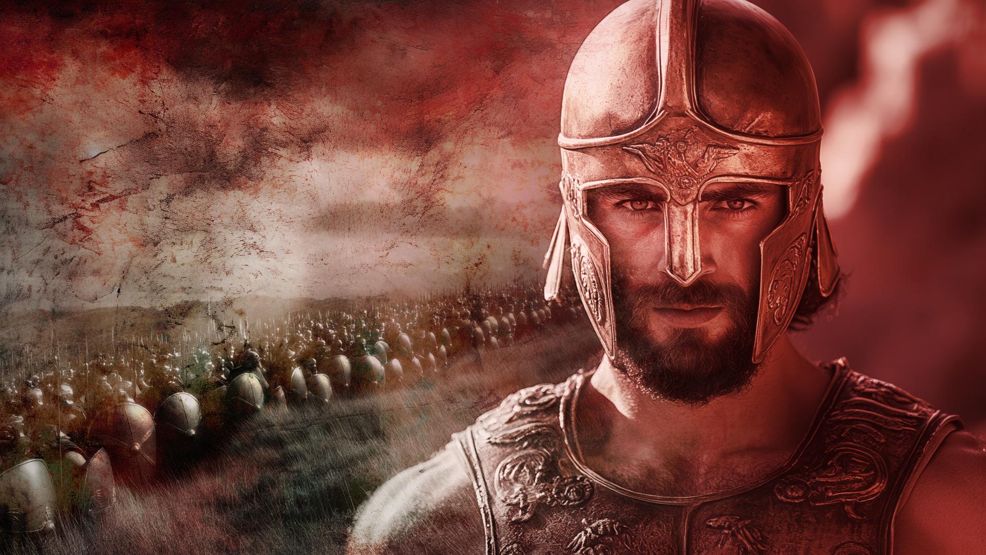 Großaufnahme eines griechischen Soldaten aus der Antike, im Hintergrund ein Trupp marschierender Soldaten.