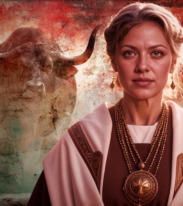 Collage: Bild einer griechischen Priesterin der Antike. Im Hintergrund ein Stier.