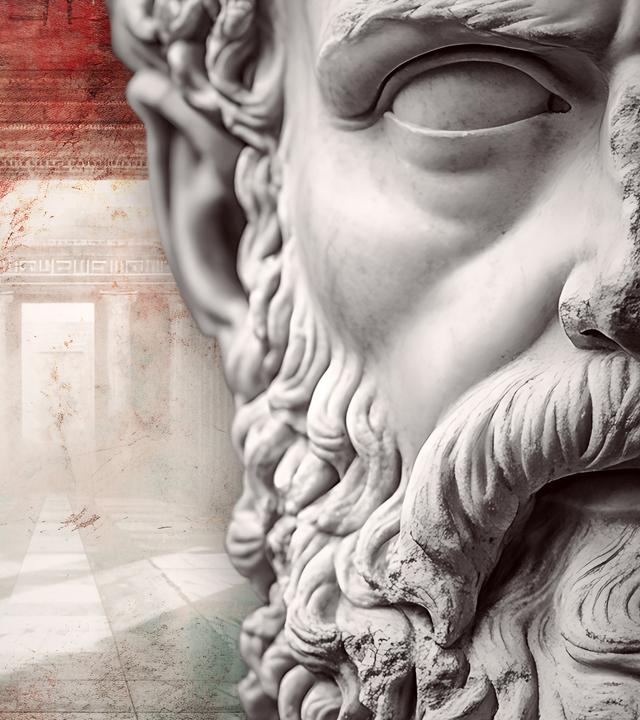 Nahaufnahme einer antiken griechischen Heldenstatue. Im Hintergrund ein antiker Tempel von innen