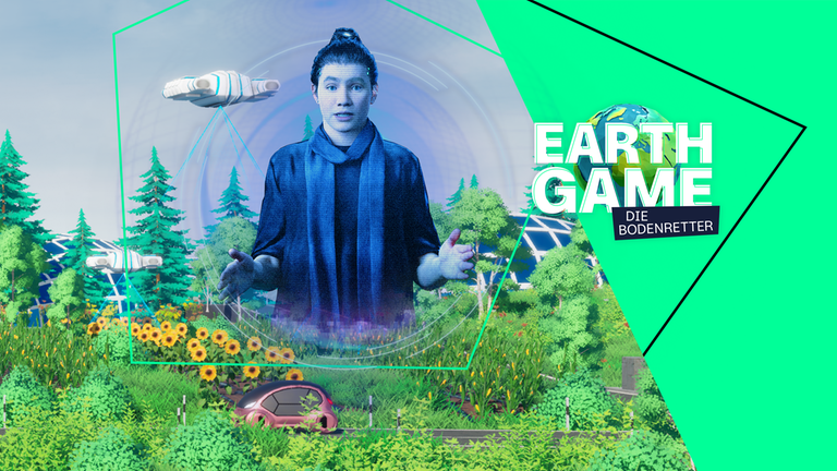 "Earthgame - Die Bodenretter": Kiro, ein fiktionaler Charakter, steht mit ausgebreiteten Armen vor einer futuristisch anmutenden Waldlandschaft. Im Hintergrund sieht man Raumschiffe und eine Glaskuppel. 