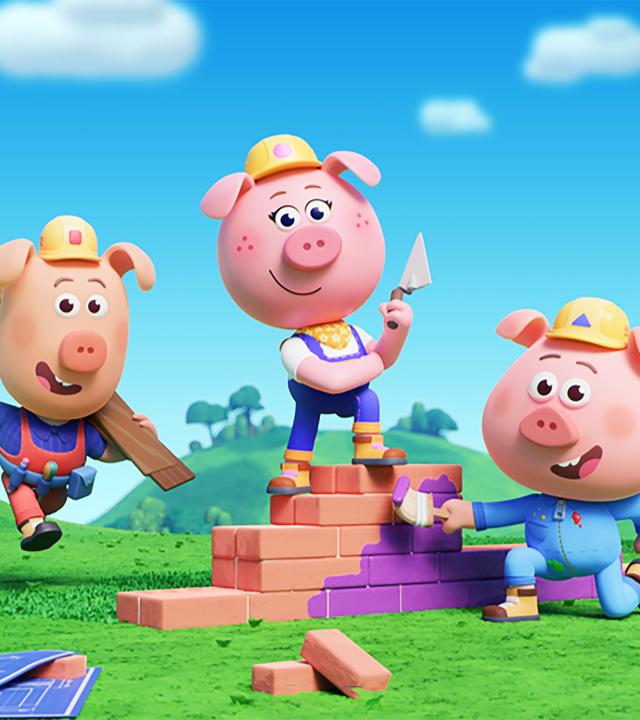 Drei Schweinchen mit gelben Bauarbeiterhelmen - die sogenannten Werkel-Ferkel - errichten auf einer Wiese in der Mitte des Bildes eine kleine Mauer mit Backsteinen. Cornelia hat eine Kelle in der Hand und steht auf der Mauer. Charlie bemalt die Mauer mit violetter Farbe und Caesar kommt, mit einem Brett über der Schulter und einem Hammer in der Hand, angerannt. Im Hintergrund rechts sehen wir ein verspieltes, blaues Haus mit Turm und Windrad - das ist die Werkstatt der Werkel-Ferkel.