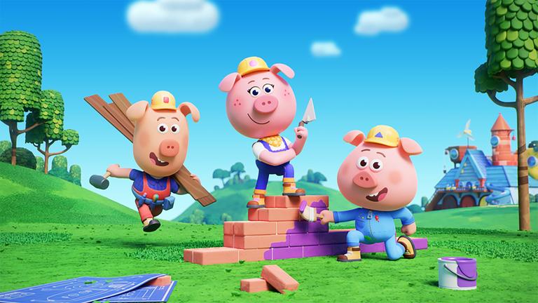 Drei Schweinchen mit gelben Bauarbeiterhelmen - die sogenannten Werkel-Ferkel - errichten auf einer Wiese in der Mitte des Bildes eine kleine Mauer mit Backsteinen. Cornelia hat eine Kelle in der Hand und steht auf der Mauer. Charlie bemalt die Mauer mit violetter Farbe und Caesar kommt, mit einem Brett über der Schulter und einem Hammer in der Hand, angerannt. Im Hintergrund rechts sehen wir ein verspieltes, blaues Haus mit Turm und Windrad - das ist die Werkstatt der Werkel-Ferkel.