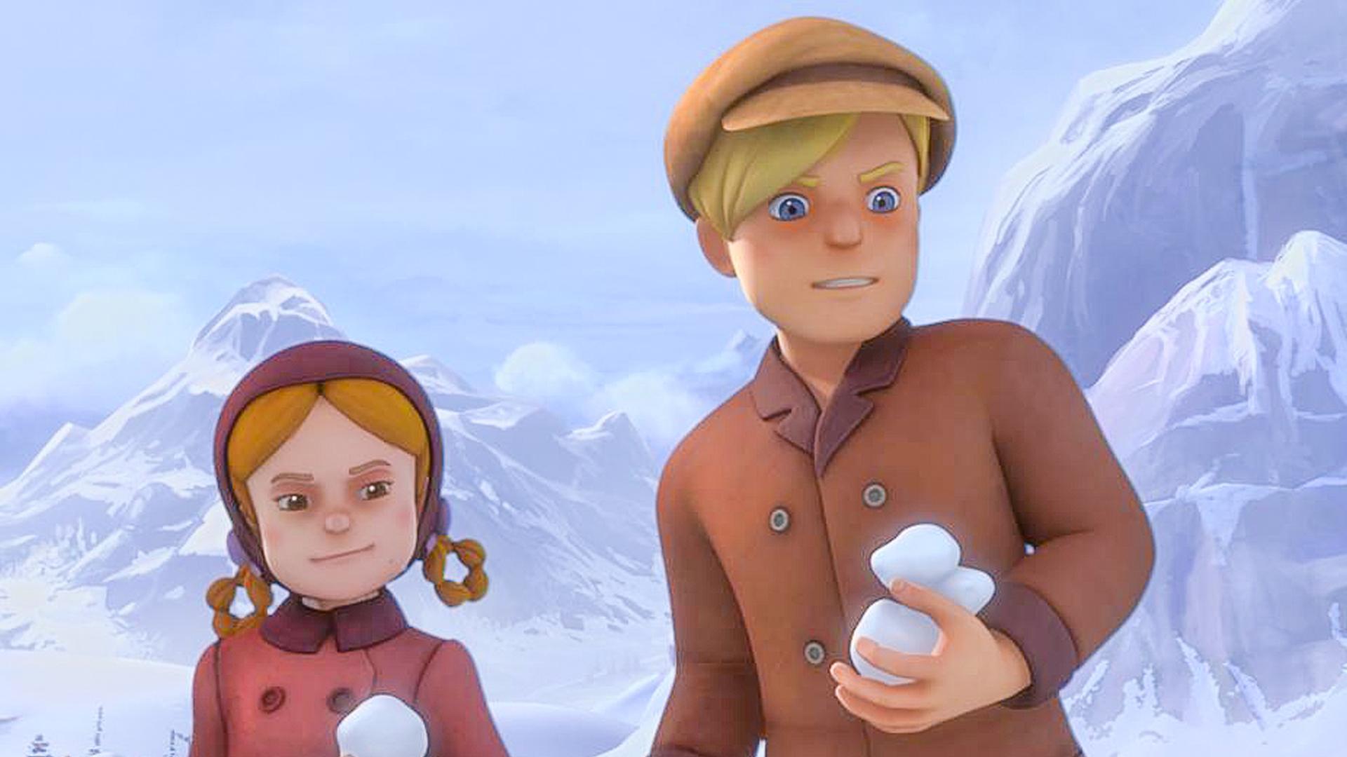 Schneeballschlacht: Theresa, Karl und Willi haben Schneebälle in der Hand und schauen grimmig.