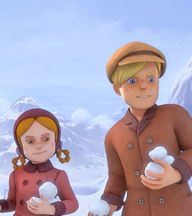Schneeballschlacht: Theresa, Karl und Willi haben Schneebälle in der Hand und schauen grimmig.