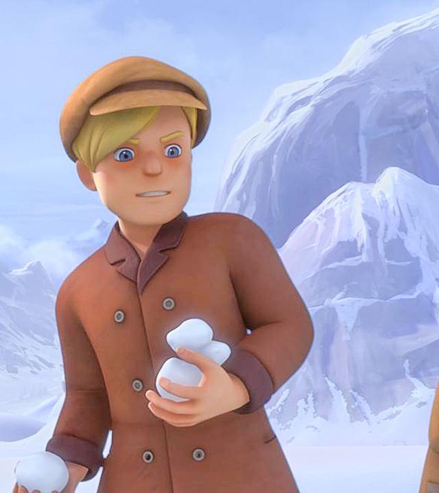 Schneeballschlacht: Theresa, Karl und Willi haben Schneebälle in der Hand und schauen grimmig.