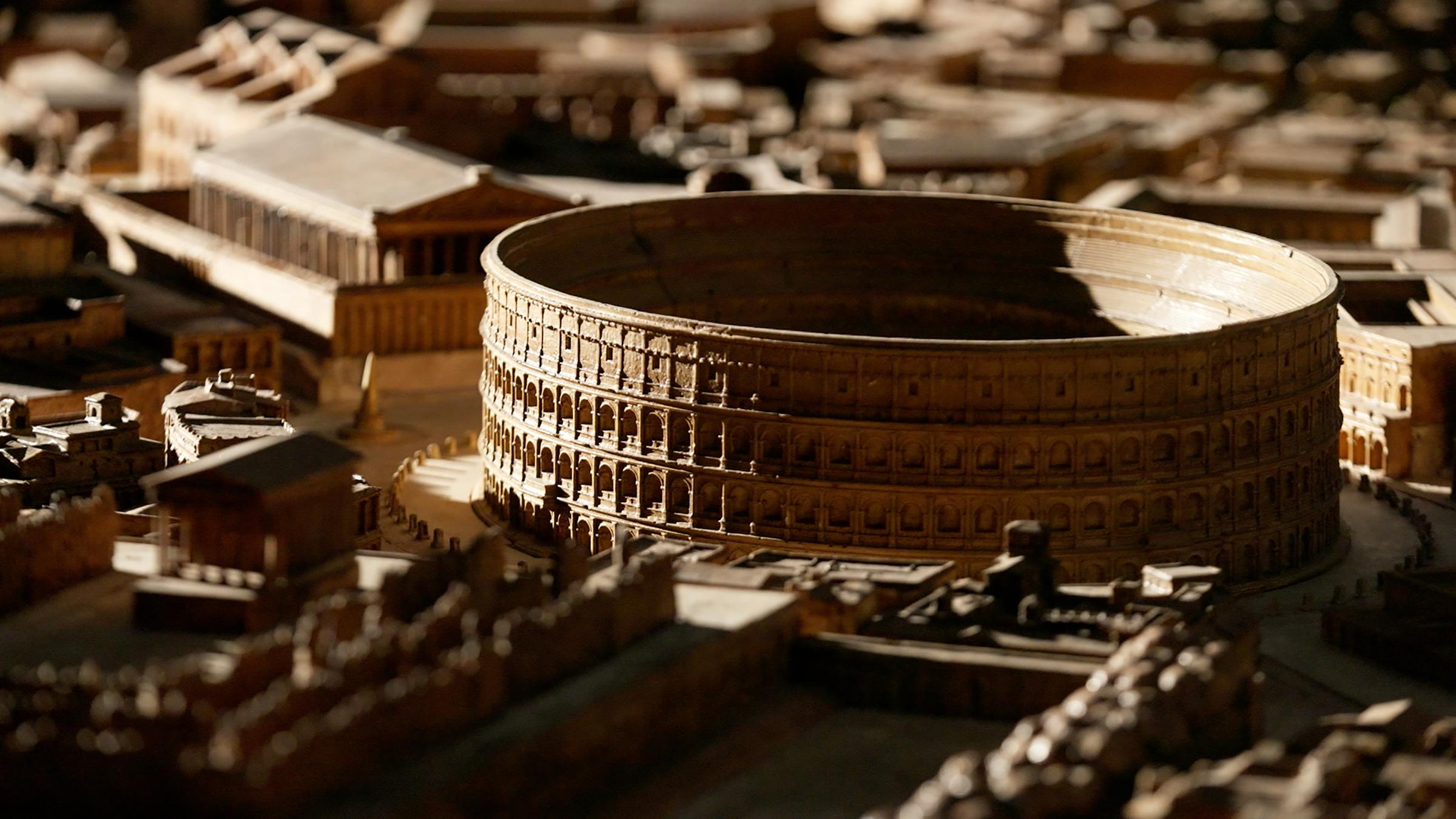 "Das antike Rom in 3D – Virtuelle Zeitreise zu den großen Bauwerken": Nachbildung des Kolosseums in seinem ursprünglichen Zustand innerhalb eines Stadtmodells des antiken Roms.