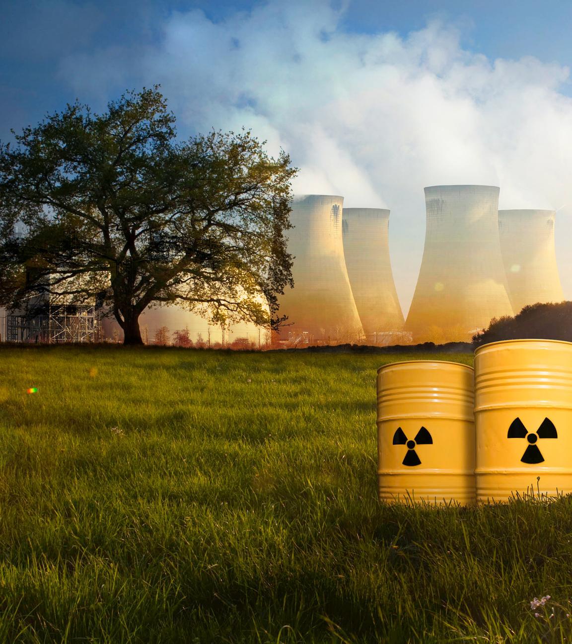 Montage: Auf einer Wiese stehen im Vordergrund drei Atommülltonnen, im Hintergrund steht links ein Baum und rechts mehrere qualmende Atommeiler.