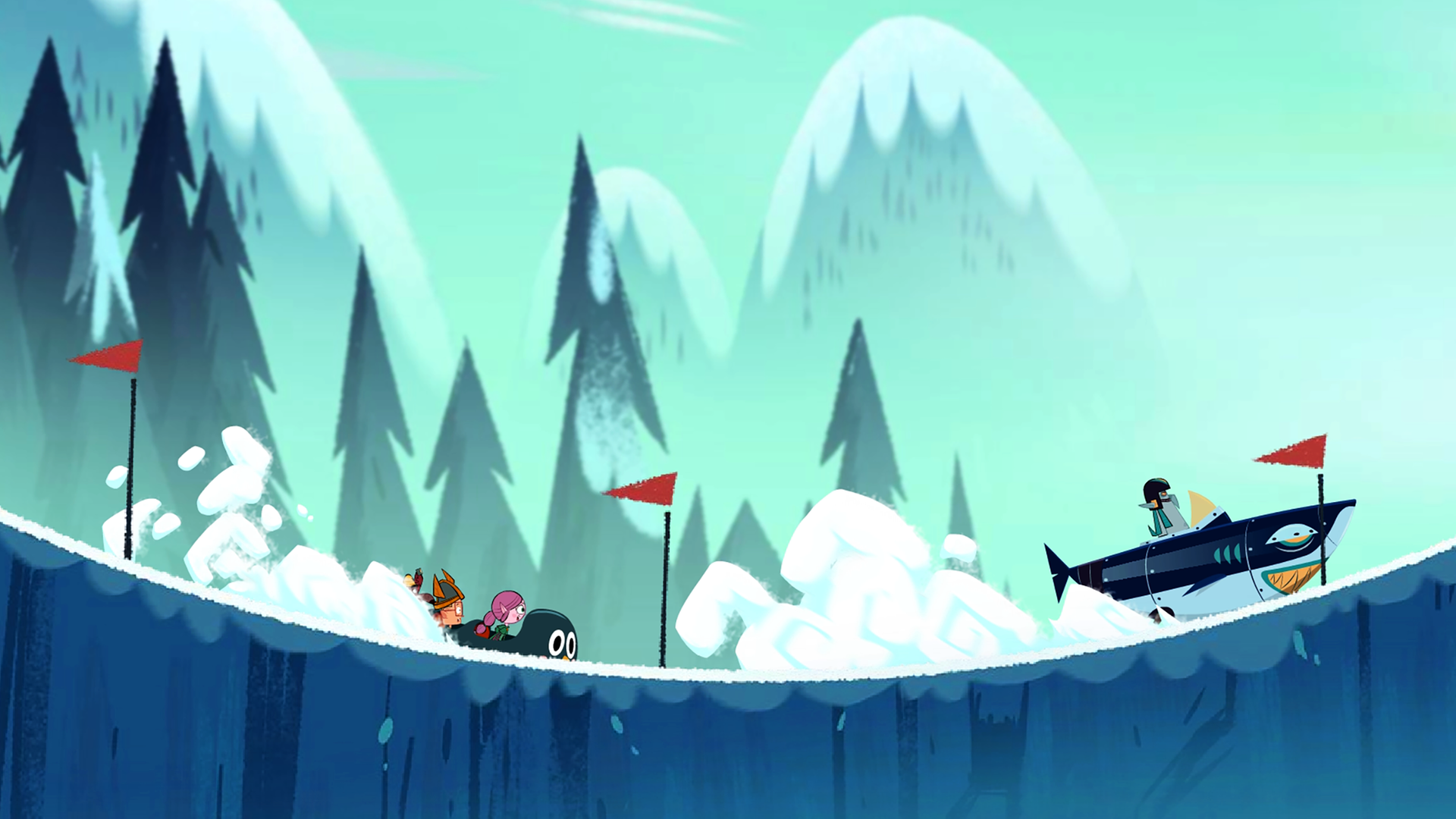 Ephi, Marcus und Ratrick sitzen in einem Pinguinschlitten und fahren Vipkrad hinterher, der in einem Haimobil sitzt und einen leichten Vorsprung hat. Für sie geht es bergauf und bergunter.