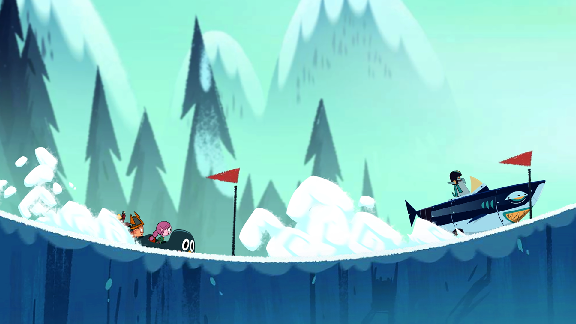 Ephi, Marcus und Ratrick sitzen in einem Pinguinschlitten und fahren Vipkrad hinterher, der in einem Haimobil sitzt und einen leichten Vorsprung hat. Für sie geht es bergauf und bergab.