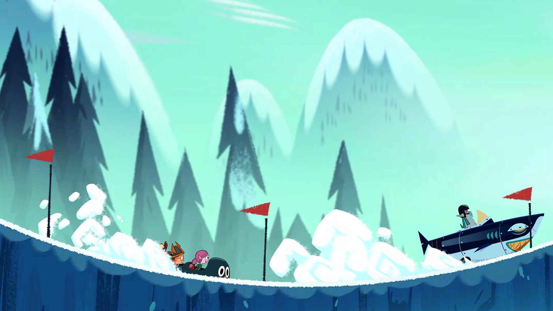 Ephi, Marcus und Ratrick sitzen in einem Pinguinschlitten und fahren Vipkrad hinterher, der in einem Haimobil sitzt und einen leichten Vorsprung hat. Für sie geht es bergauf und bergab.