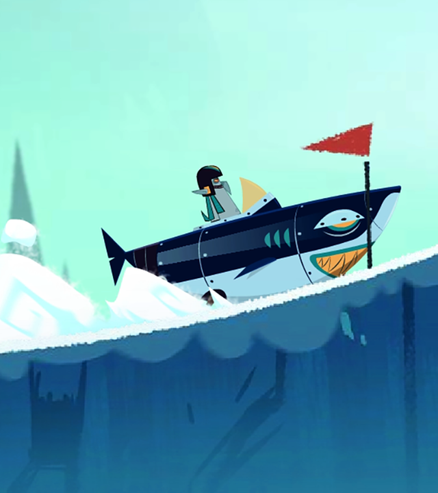 Ephi, Marcus und Ratrick sitzen in einem Pinguinschlitten und fahren Vipkrad hinterher, der in einem Haimobil sitzt und einen leichten Vorsprung hat. Für sie geht es bergauf und bergunter.