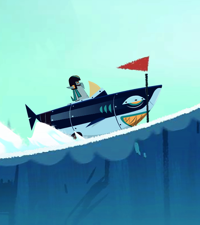 Ephi, Marcus und Ratrick sitzen in einem Pinguinschlitten und fahren Vipkrad hinterher, der in einem Haimobil sitzt und einen leichten Vorsprung hat. Für sie geht es bergauf und bergab.