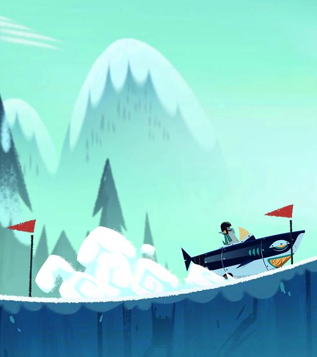 Ephi, Marcus und Ratrick sitzen in einem Pinguinschlitten und fahren Vipkrad hinterher, der in einem Haimobil sitzt und einen leichten Vorsprung hat. Für sie geht es bergauf und bergab.