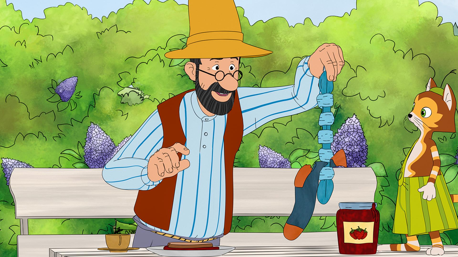 Pettersson zeigt Findus sein Taschentuch, das voller Knoten ist.