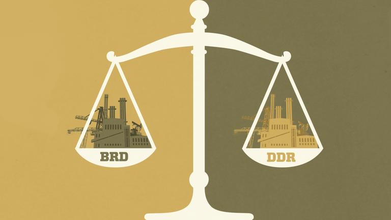 Grafische Darstellung einer Waage mit der Aufschrift DDR und BRD.