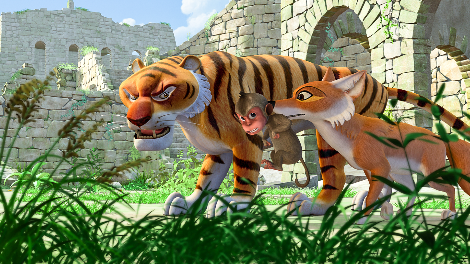 Shir Khan und Tabaqui haben ein Affenbaby entführt, das sie zwischen sich tragen.