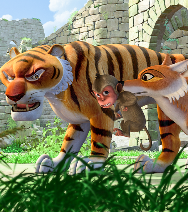 Shir Khan und Tabaqui haben ein Affenbaby entführt, das sie zwischen sich tragen.