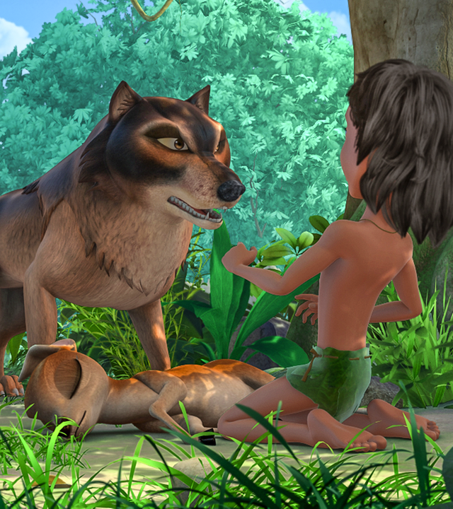 Mogli kniet auf dem Boden, Wolf Phaona steht drohend vor ihm.