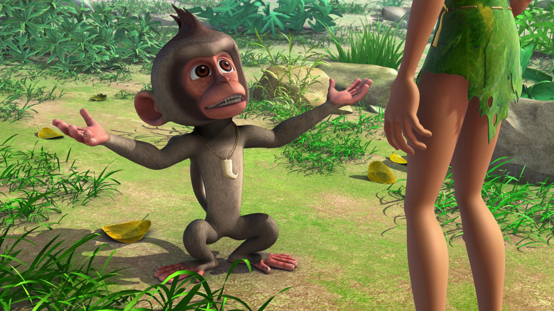 Moky kniet vor Mogli, er schaut ihn an und hat die Arme weit ausgebreitet.