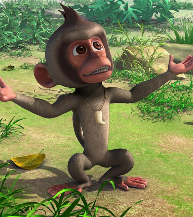 Moky kniet vor Mogli, er schaut ihn an und hat die Arme weit ausgebreitet.