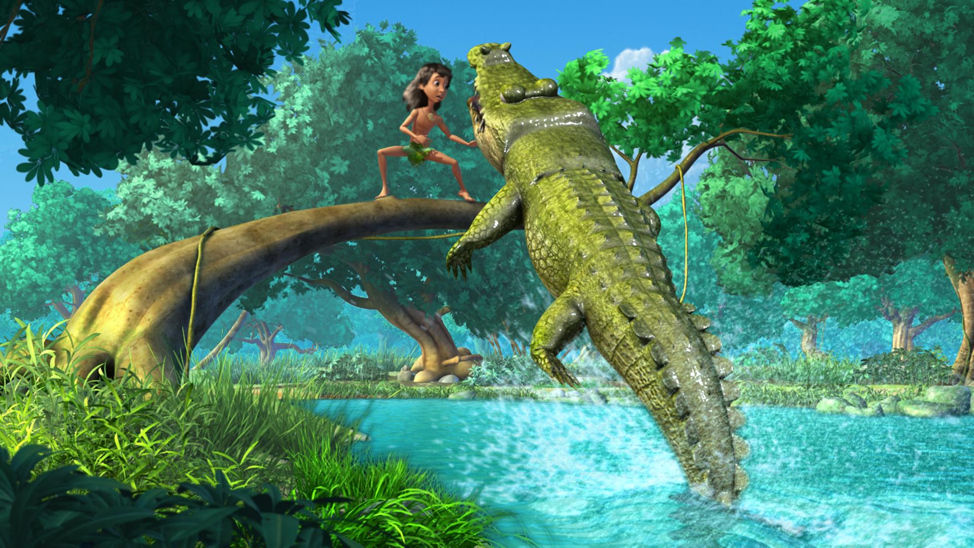Mogli steht auf einem Ast, der sich über das Wasser neigt. Ein Krokodil, das aus dem Wasser gesprungen ist, befindet sich auf Augenhöhe mit ihm.