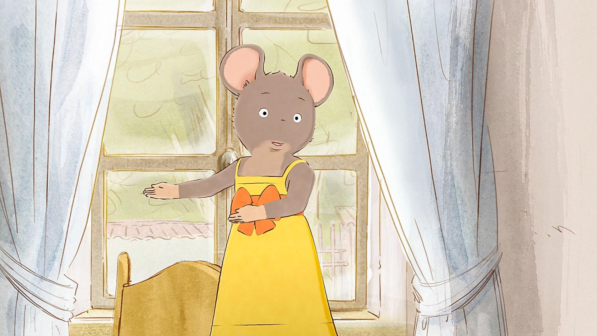 Celestine steht auf dem Esstisch und führt ihren Freundinnen ein gelbes Kleid mit orangener Schleife vor. 