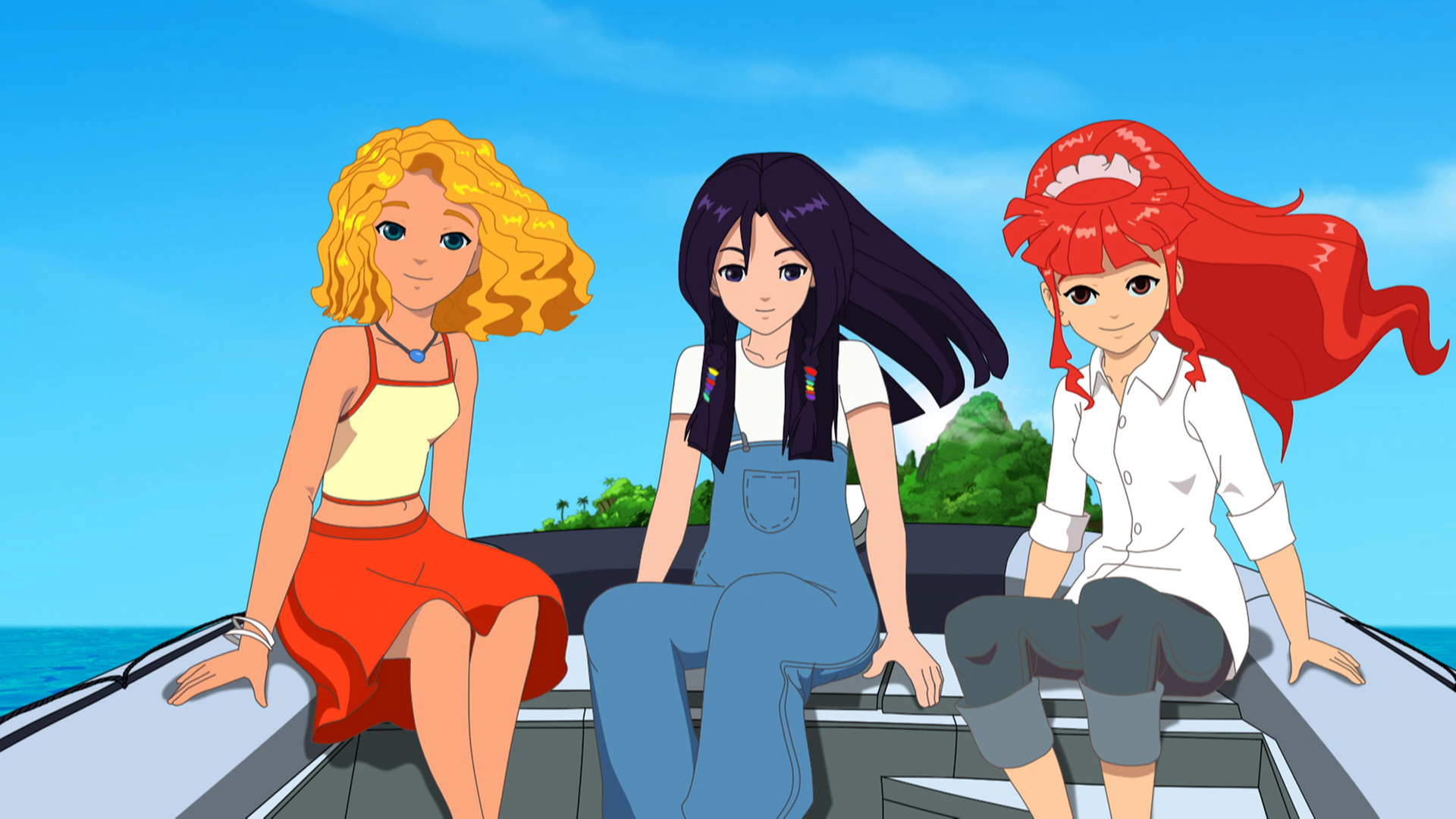 Emma, Cleo und Rikki sitzen auf einem Boot.