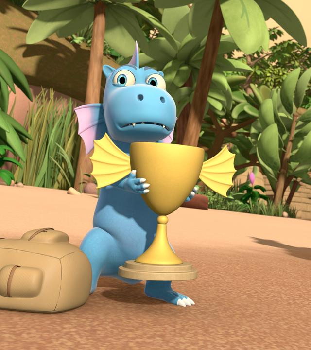Der Wasserdrache Wokki hält mit besorgtem Blick den Pokal in seine Händen, während Ananas und ihre Freundinnen ihn böse angucken.