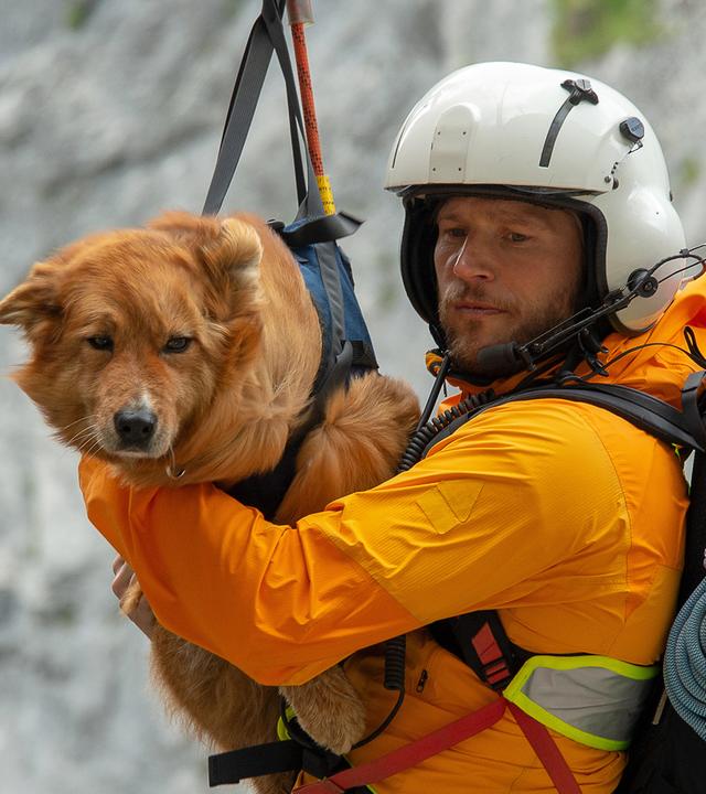Markus hängt an einem Rettungsseil vor einer Felswand und hält einen gesicherten Hund im Arm.
