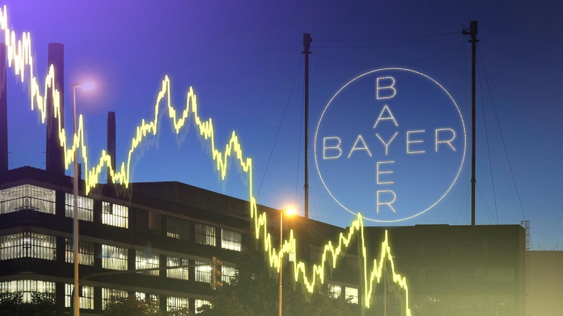 Fotomontage: Fallende Aktienkurve. Und das Bayer-Kreuz.