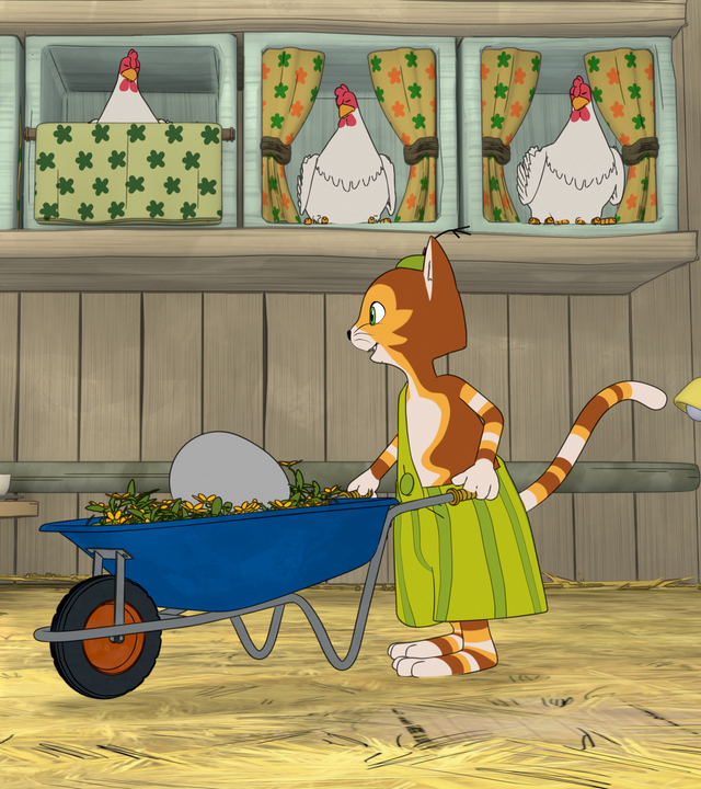 Findus fährt in einem Schubkarren ein graues Ei herum und fragt die Hühner, ob eine von ihnen ein Ei verloren hat.