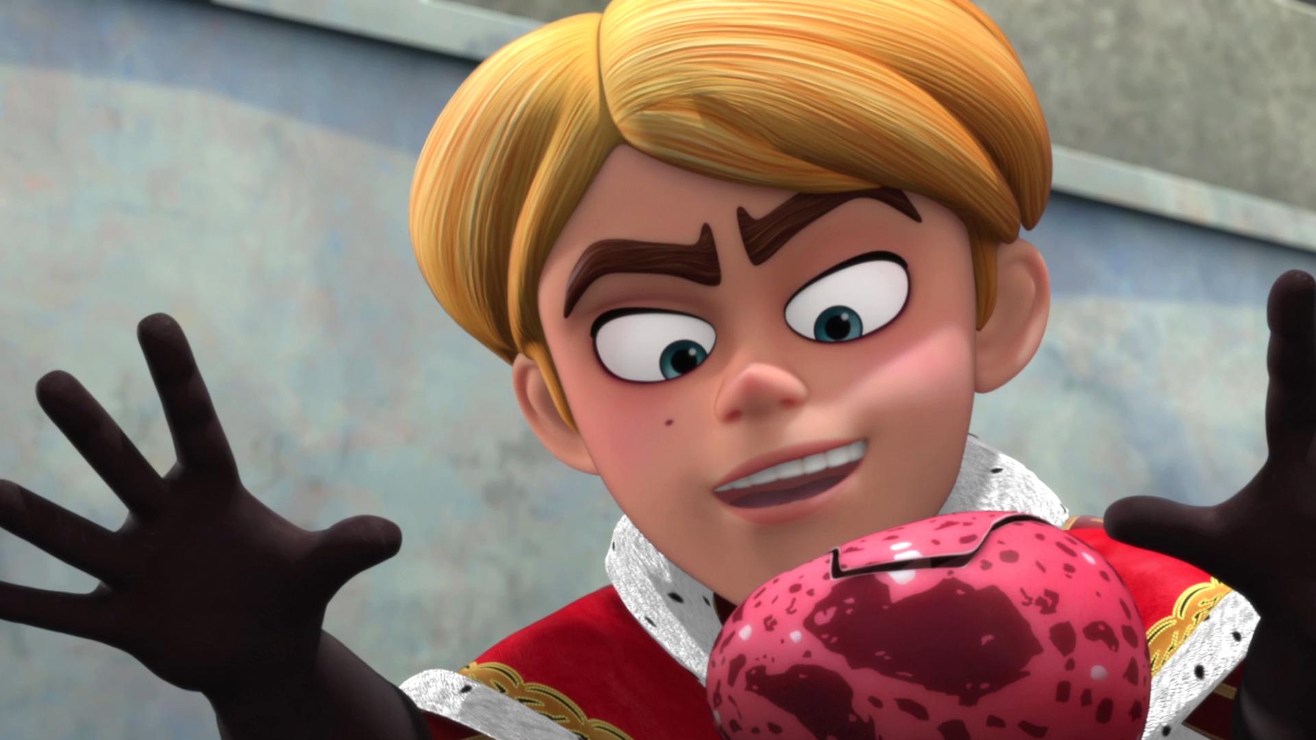 Vor Prinz John liegt ein pink geflecktes Ei, dessen Schale gerissen ist. Er betrachtet es habgierig und greift danach.