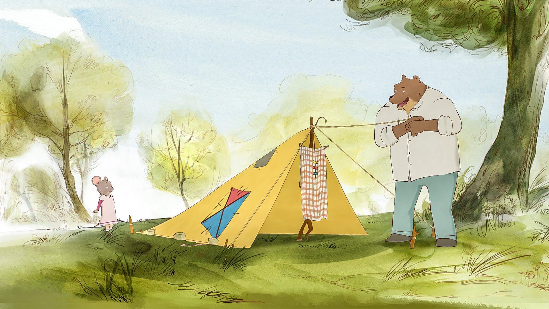 Celestine und Ernest stehen im Wald. Ernest baut ihr ein eigenes Zelt, dass ganz schön geflickt aussieht.