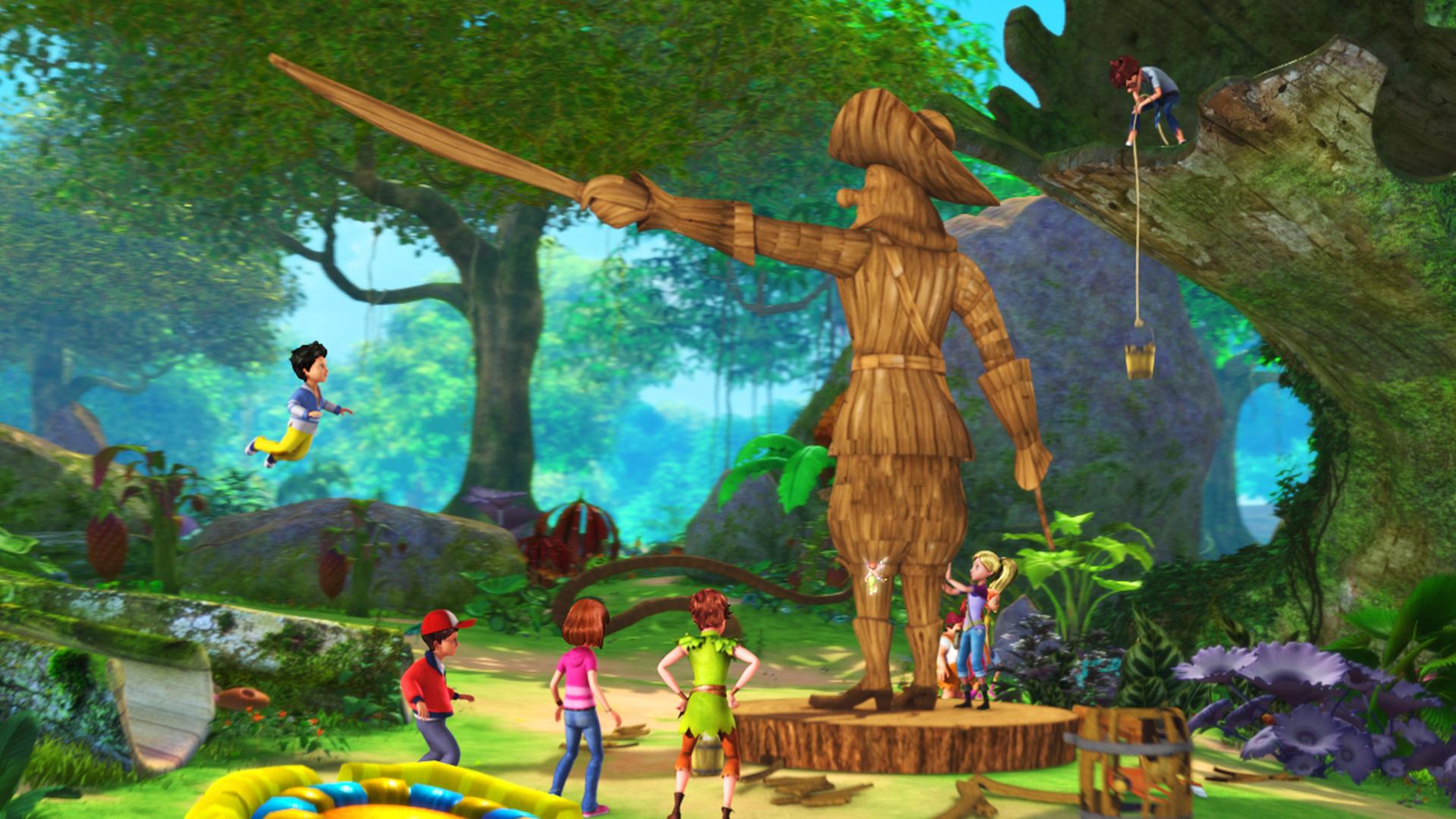 Peter Pan und seine Freunde weihen die neu errichtete Statue ein. Es ist ein hölzernes Abbild von Captain Hook mit erhobenem Säbel, um das die Kinder im Kreis herumstehen.