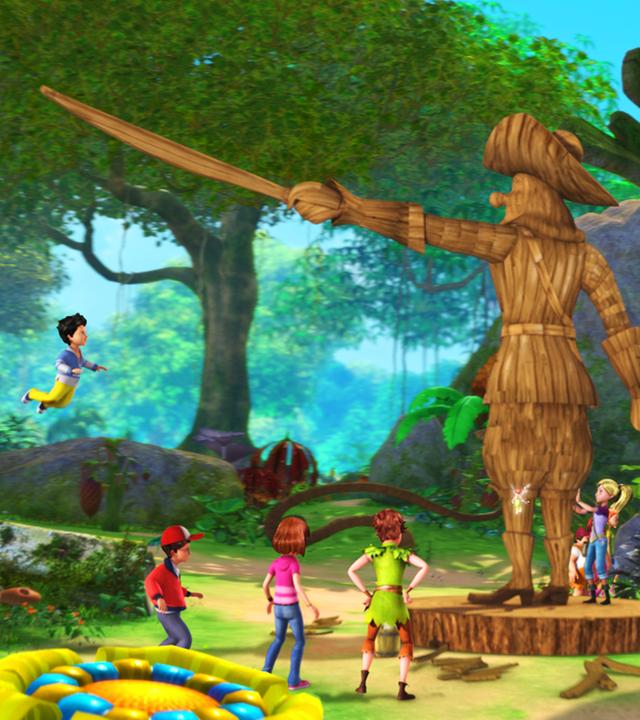 Peter Pan und seine Freunde weihen die neu errichtete Statue ein. Es ist ein hölzernes Abbild von Captain Hook mit erhobenem Säbel, um das die Kinder im Kreis herumstehen.