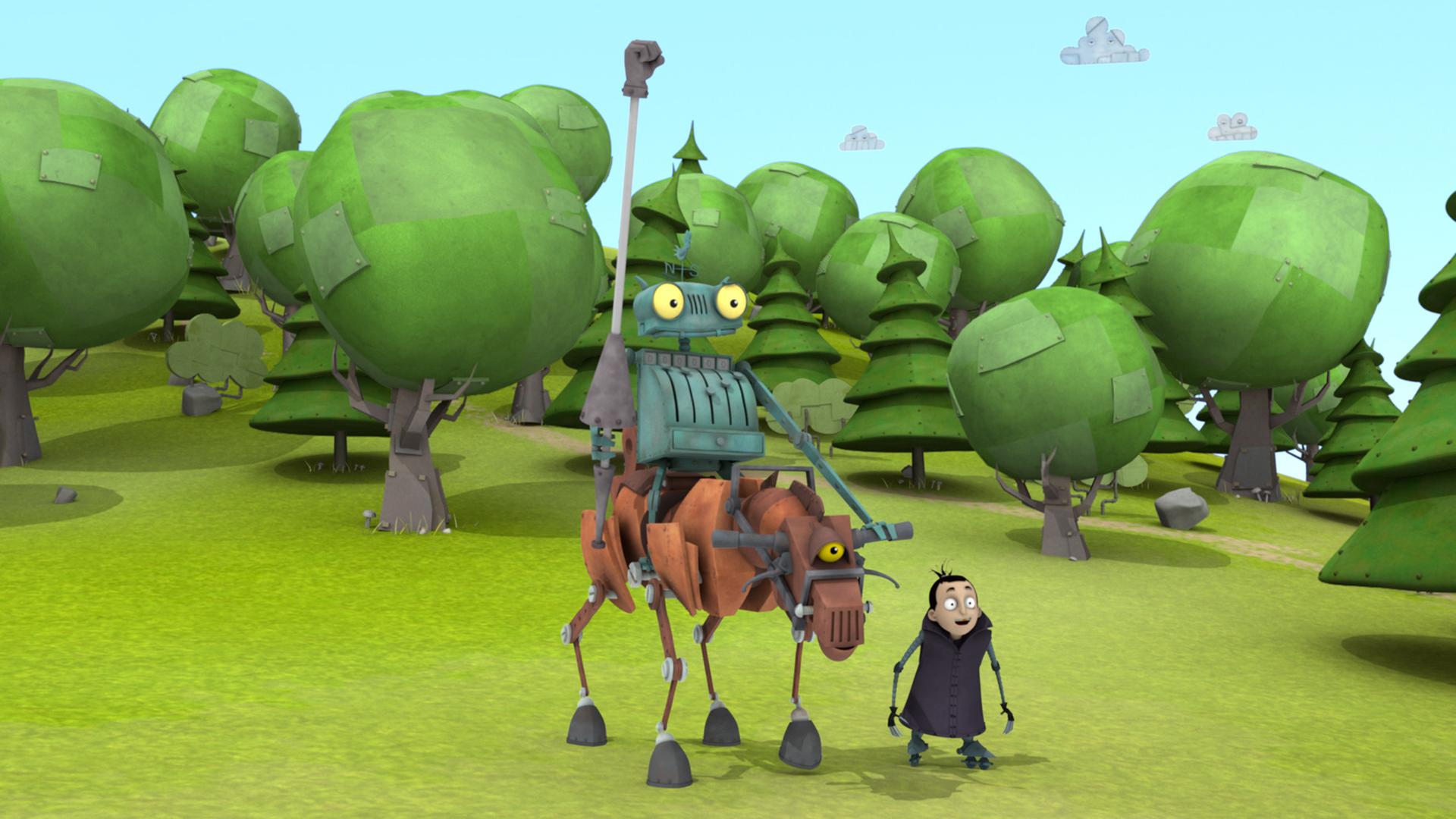 Ritter Rost sitzt mit Lanze in der Hand auf Feuerstuhl. Enzo Junior, der Sohn des Ehrlichen Enzo, läuft neben ihm her.