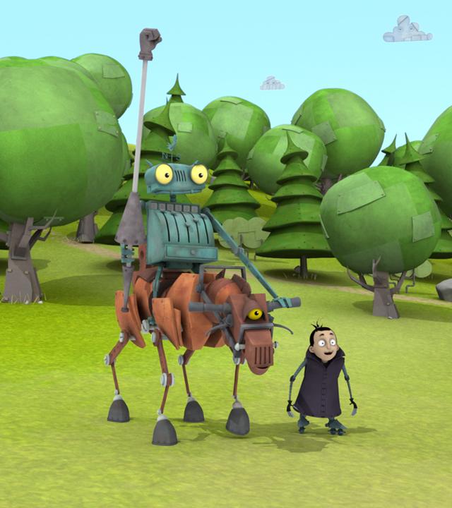 Ritter Rost sitzt mit Lanze in der Hand auf Feuerstuhl. Enzo Junior, der Sohn des Ehrlichen Enzo, läuft neben ihm her.