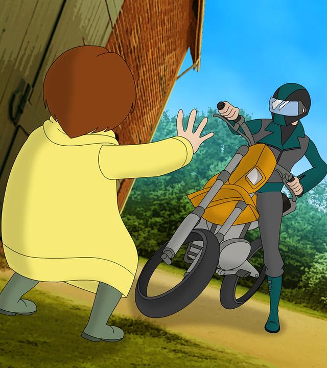 Ein Motorradfahrer bremst vor einem Kind ab, das panisch die Arme hochreißt.