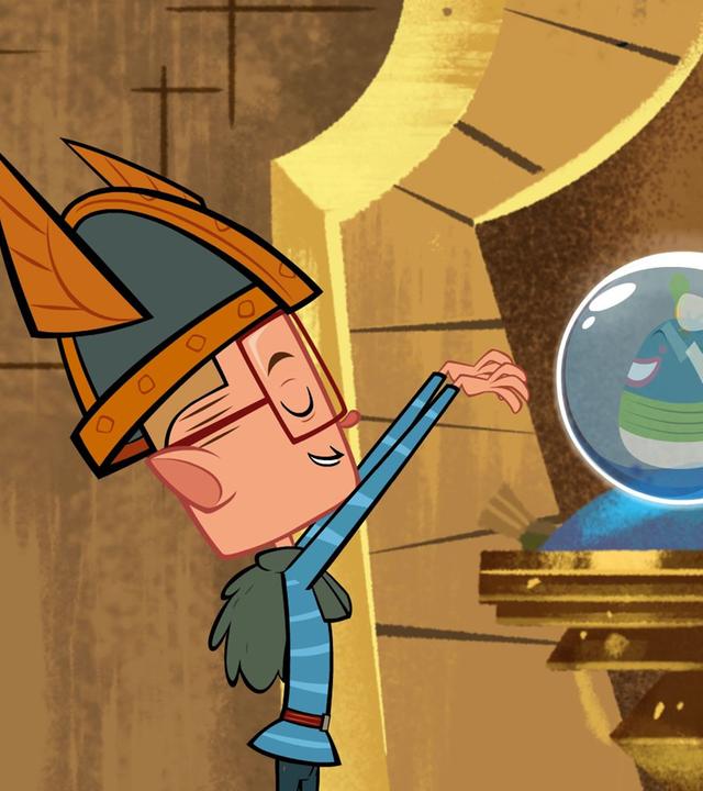 Marcus hebt seine Hände über eine Glaskugel und schließt dabei seine Augen. Die Glaskugel liegt auf einem Podest.